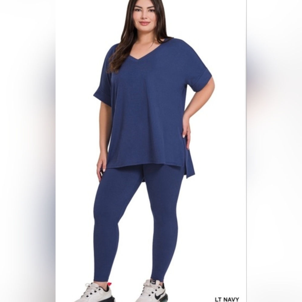 Zenana Outfitters Light Navy Blue V-Neck Top and Leggings Set